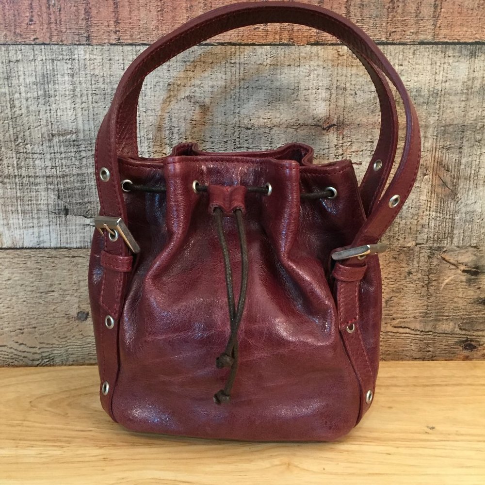 Adorable Midas Mini DrawstringTote Vino Leather NW